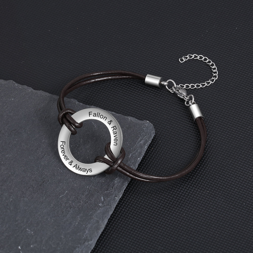 Personalized Circle Leather Rope Bracelet No Engraving