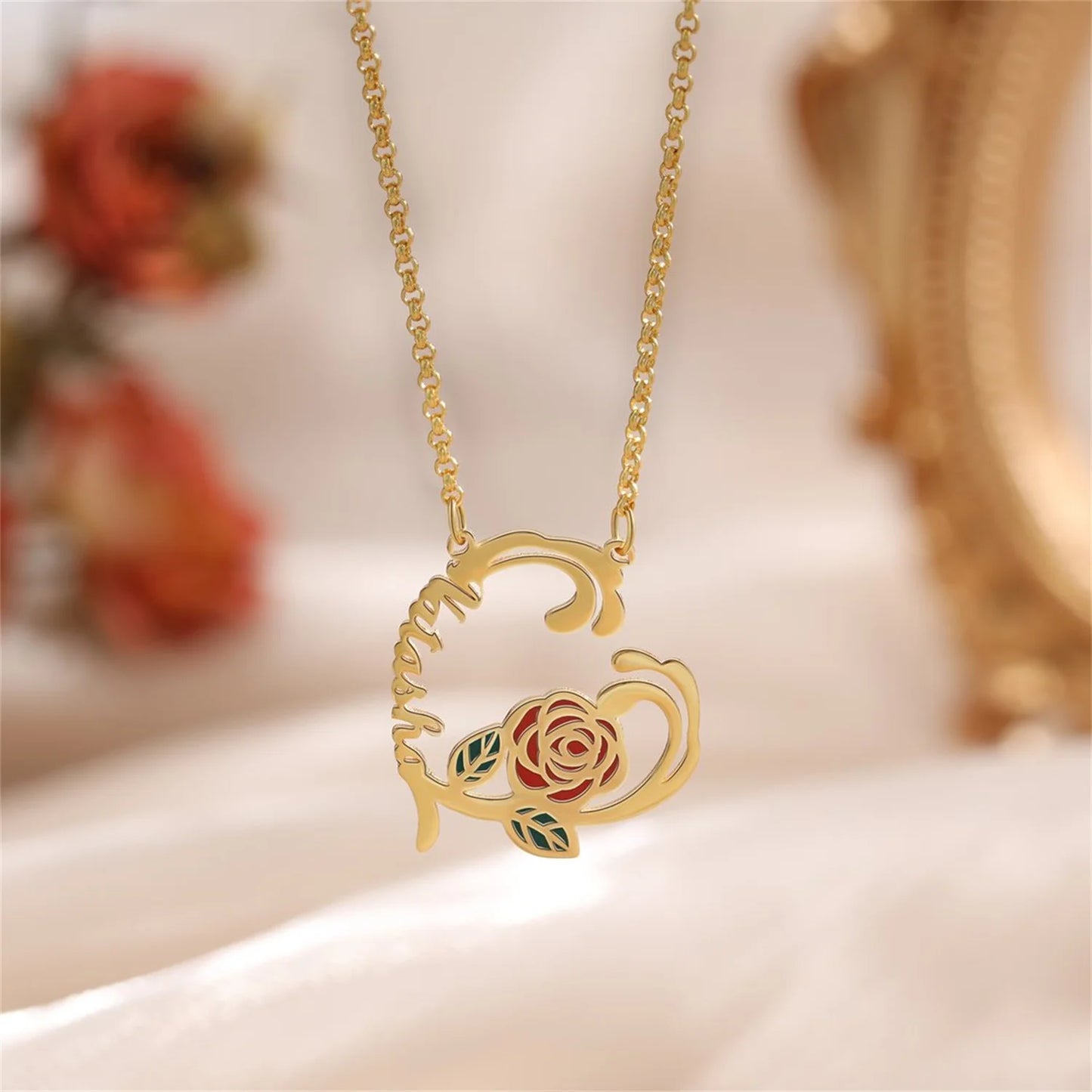 Flower Name Necklace Personalized Love Heart Necklace