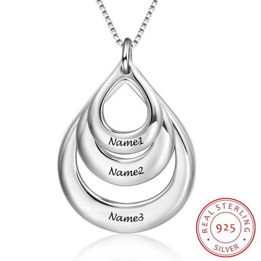 3 Names Engraved Drop Shaped Pendant in Silver Sterling