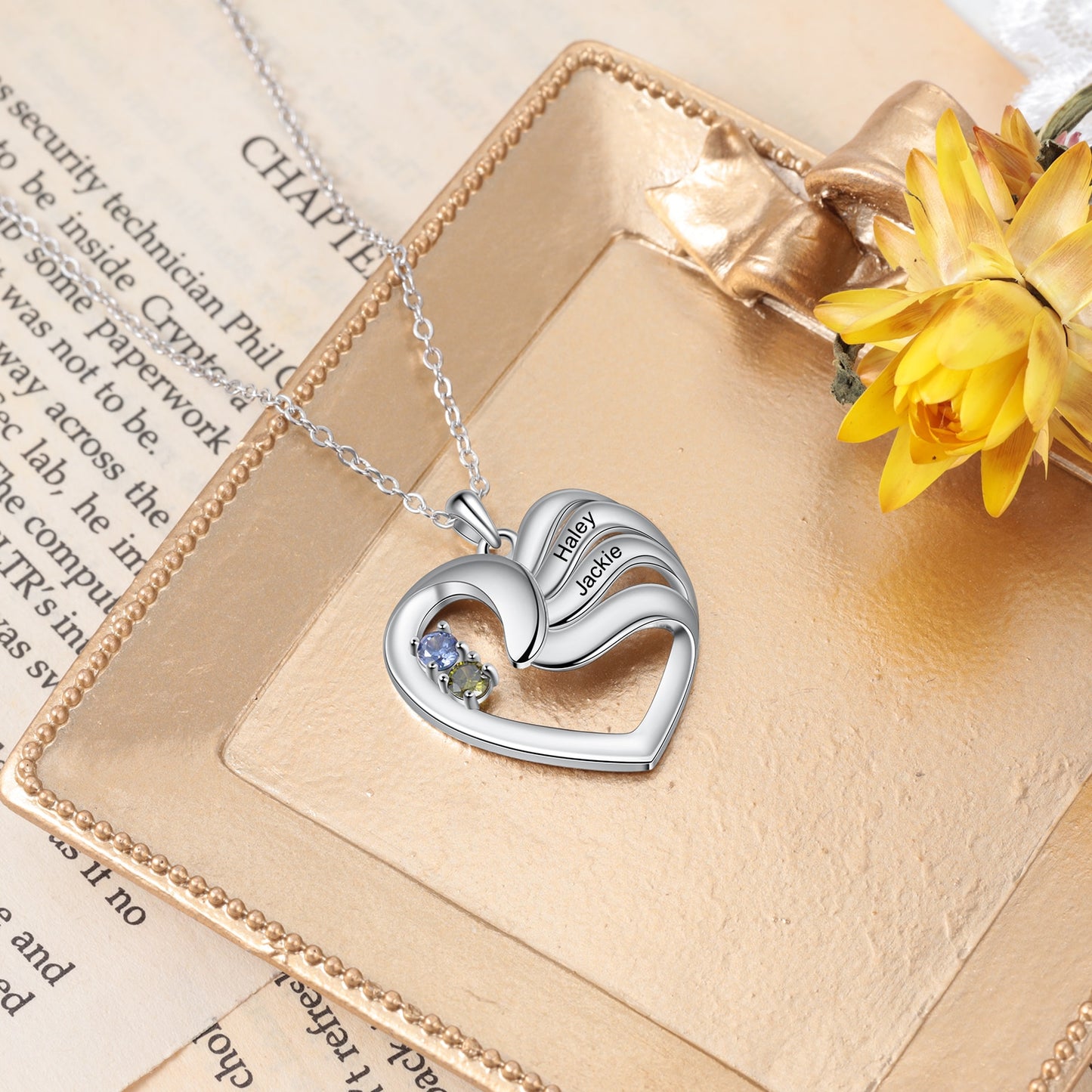 Personalized Heart Necklace with 2-5 Names and Customized Birthstone