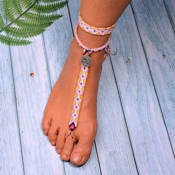 Barefoot sandal, Braided Cotton Barefoot sandals with Charm Anklet, Boho sandals, Yoga Bottomless shoes, Beach Foot Jewelry, Bridesmaid gift