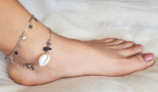 Cowrie shell anklet with healing crystal,anklet for women, star charm anklet ,ankle bracelet, anklace,shell anklet
