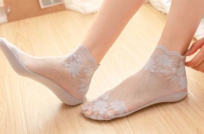 Fishnet Socks with lace trim , net socks , Transparent Elastic Lace Sheer socks, lingerie socks