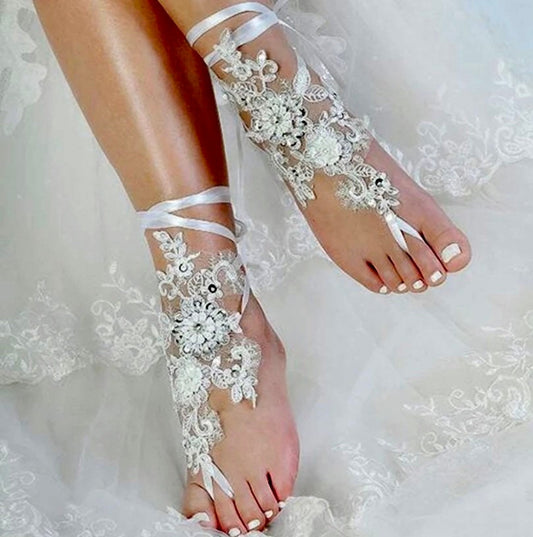 Bridal bare foot sandals, French lace barefoot sandals, lace barefoot sandals