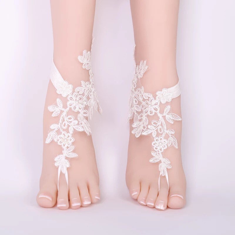 French lace barefoot sandals, Barefoot sandals for bridal,White barefoot sandals for bridal, Lace bottomless sandals, foot jewelry