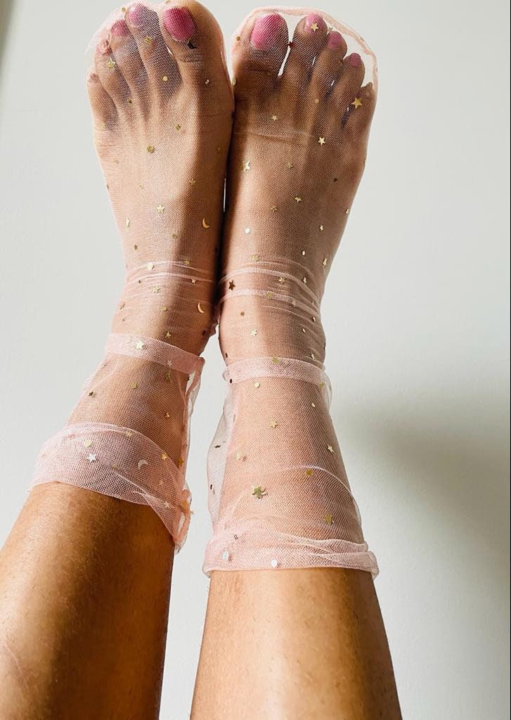 Sheer Tulle Ankle Socks With Moon and Stars Mesh net socks, net socks , glitter socks , stylish socks for women