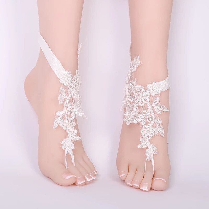 French lace barefoot sandals, Barefoot sandals for bridal,White barefoot sandals for bridal, Lace bottomless sandals, foot jewelry