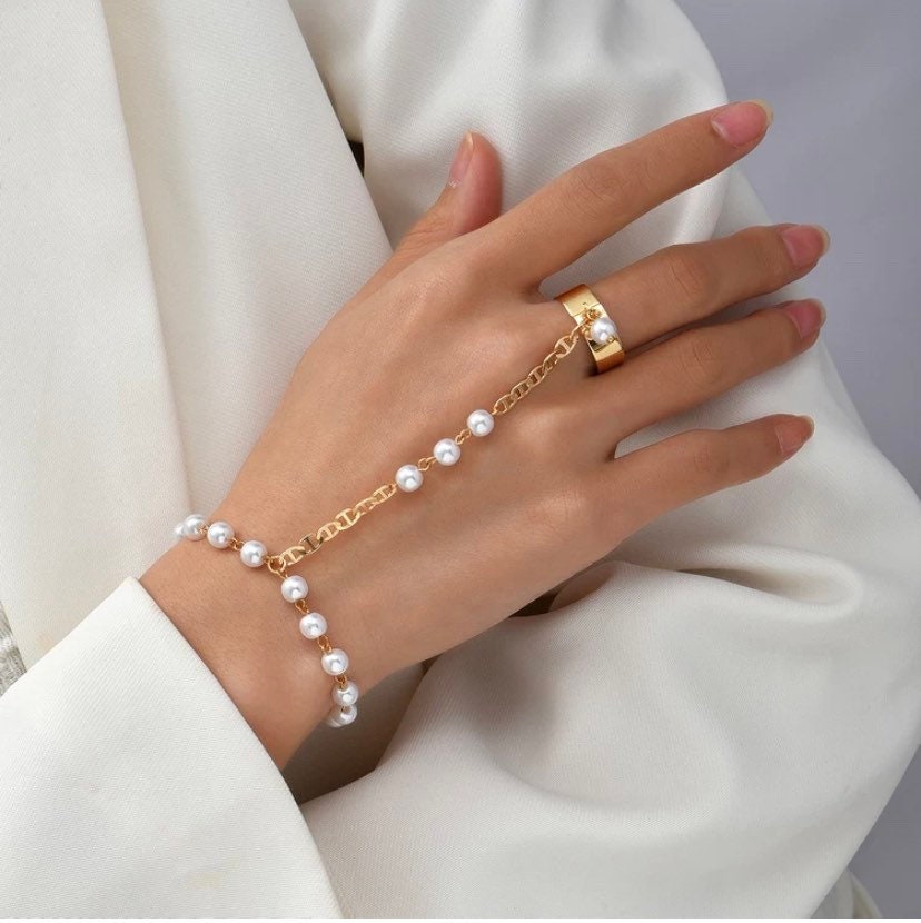 Pearl hand chain bracelet, hand chain bracelet,bracelet with ring, ring chain bracelet