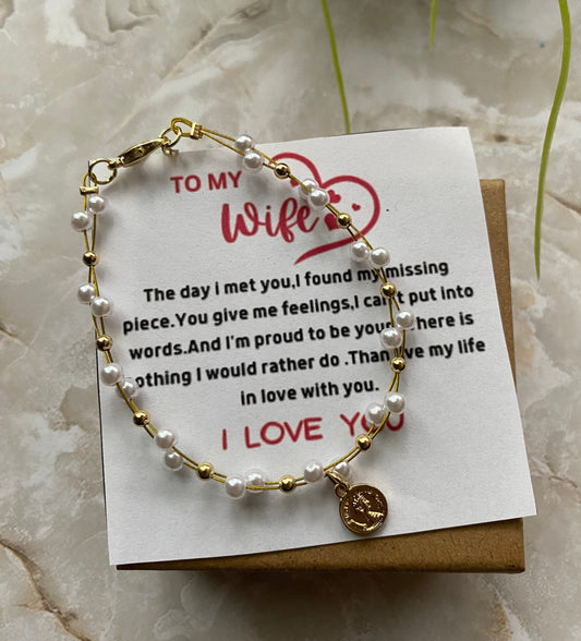 To my wife jewelry, Valentine’s Day gift for girlfriend, pearl bracelet for her,message card for Valentine’s Day,To my soulmate gift