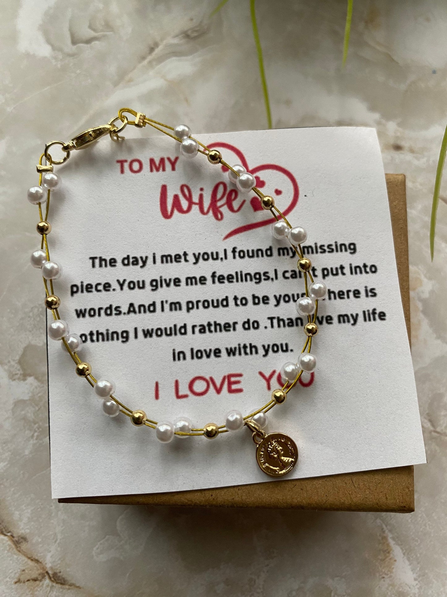 To my wife jewelry, Valentine’s Day gift for girlfriend, pearl bracelet for her,message card for Valentine’s Day,To my soulmate gift
