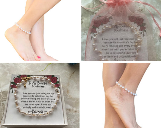 To my soulmate gift, Message card jewelry for wife.foot jewelry gift for wife, pearl anklet for wife,Valentines day jewelry,anklet for her