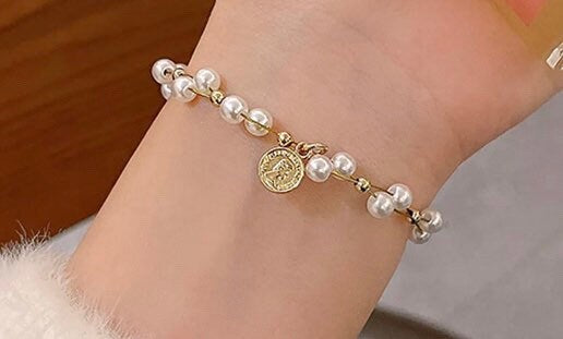 Gold plated pearl bracelet with charm , Pearl bracelet minimalist charm bracelet gift idea for best friend Same day shipping gift special