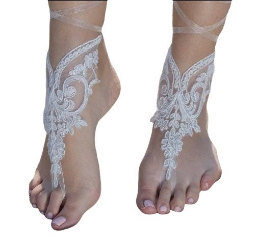 Ivory lace barefoot sandals for bride beach wedding sandals white lace bridesmaids sandals foot jewelry photoshoot jewelry