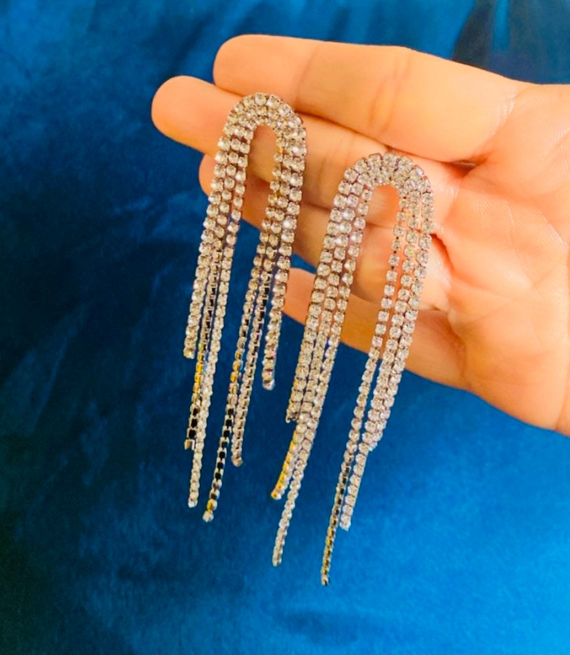 Long tassel Earrings CZ Fringe Earrings formal wear  prom earrings crystal bridesmaid earrings long Prom Earrings statement Crystal earrings