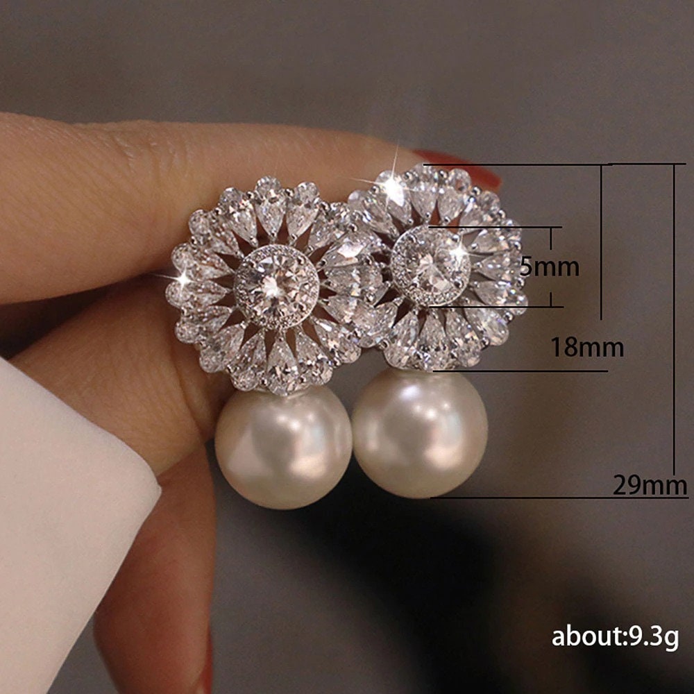 Bridal Statement earrings with Pearl Wedding Earrings Pearl Drop Earrings Vintage CZ pearl earrings Gift for Maid of Honor Gift for Mom