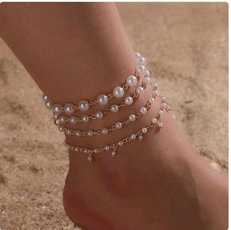 Pearl anklet layered anklet set gold anklet with pearl beach jewelry wedding jewelry summer anklet gift for her