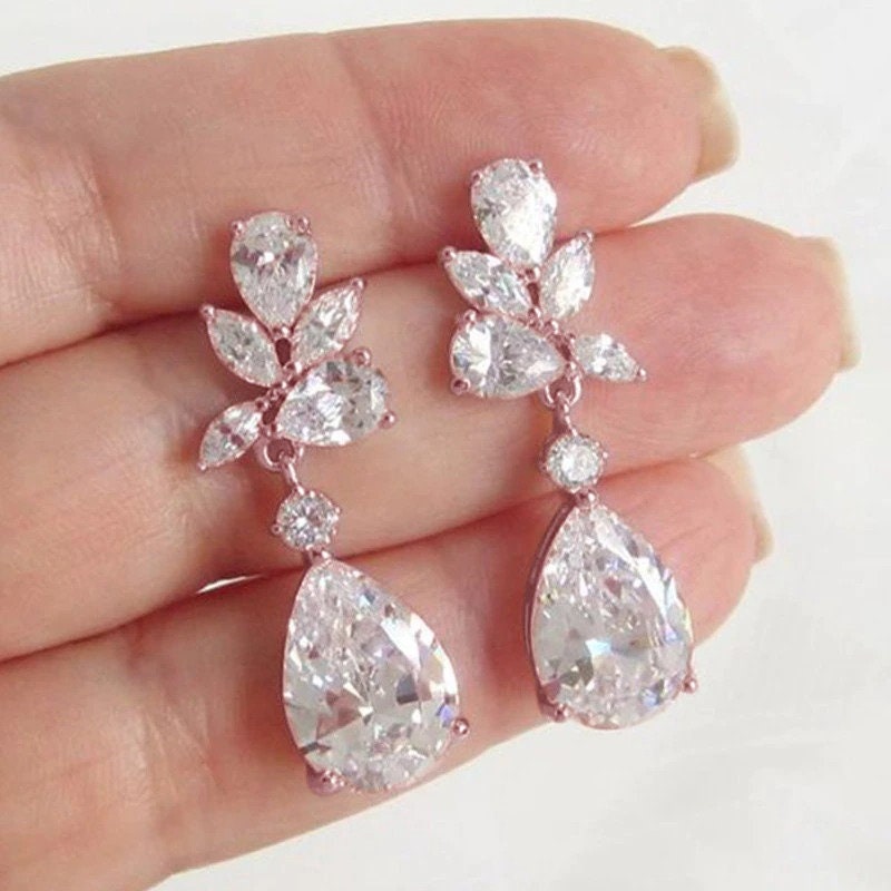 CZ Drop earrings bridal earrings Prom earrings dangle wedding earrings Crystal earrings statement earrings tear Drop  bridesmaid earring