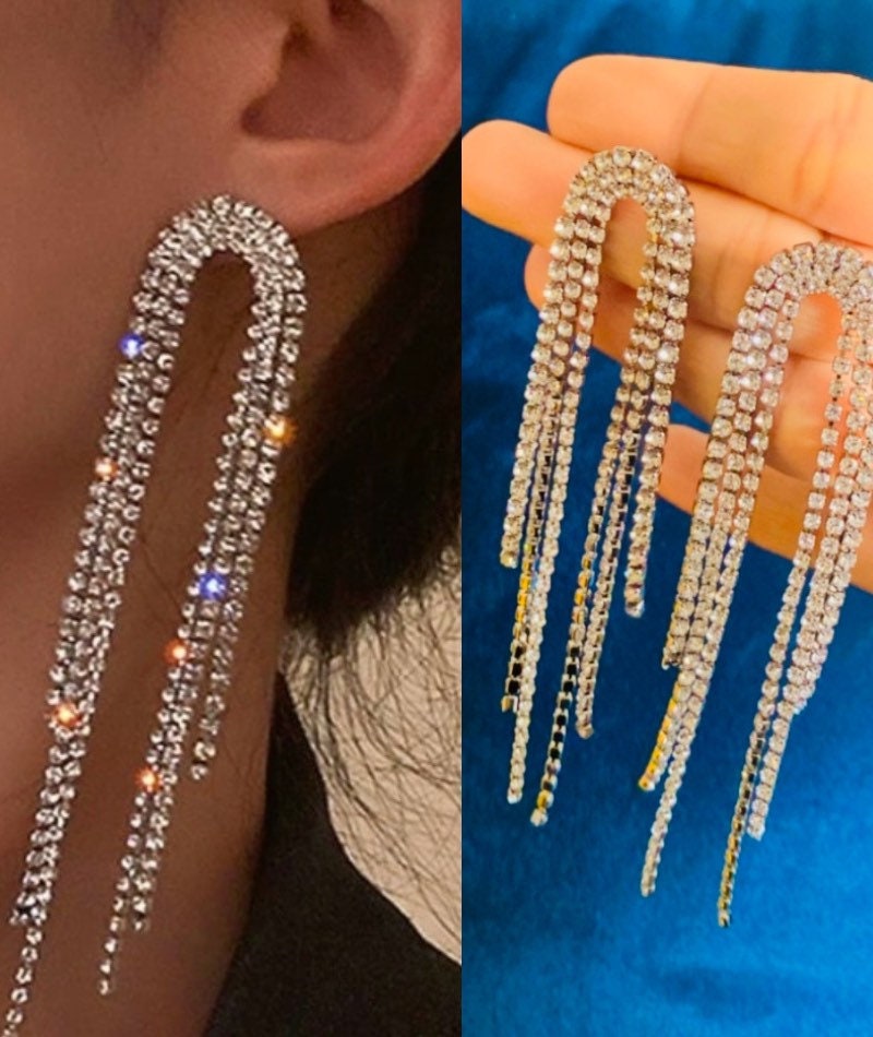 Long tassel Earrings CZ Fringe Earrings formal wear  prom earrings crystal bridesmaid earrings long Prom Earrings statement Crystal earrings