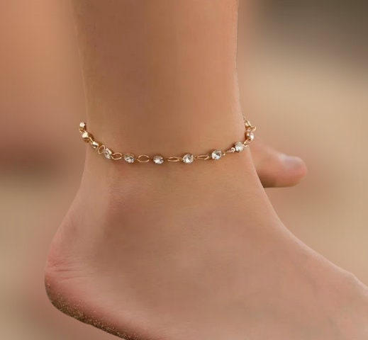 Crystal Anklet,Dainty anklet,Gold plated anklet ankle bracelet with cz stones, foot jewelry
