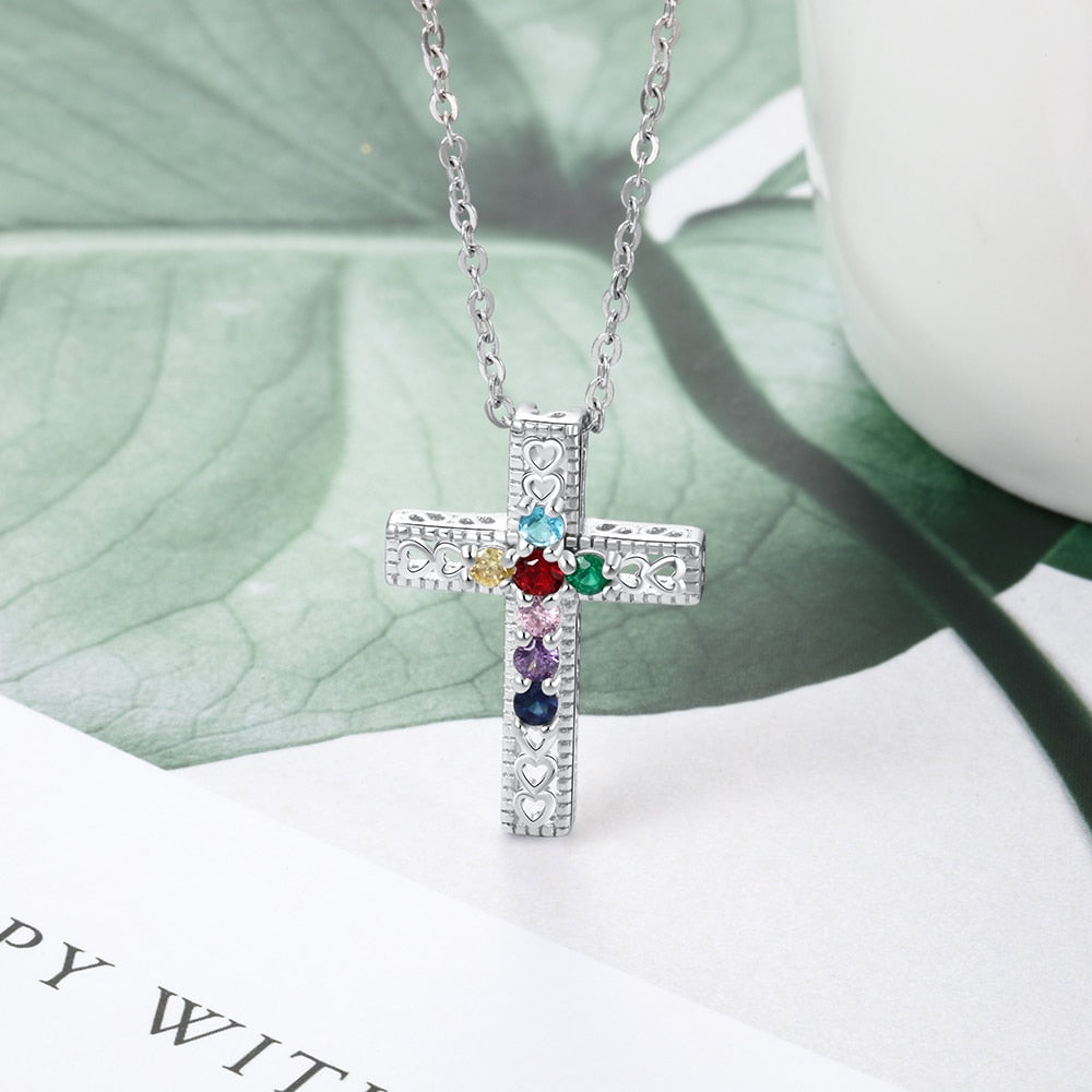 Sterling silver  Cross Necklace with 7 birthstones