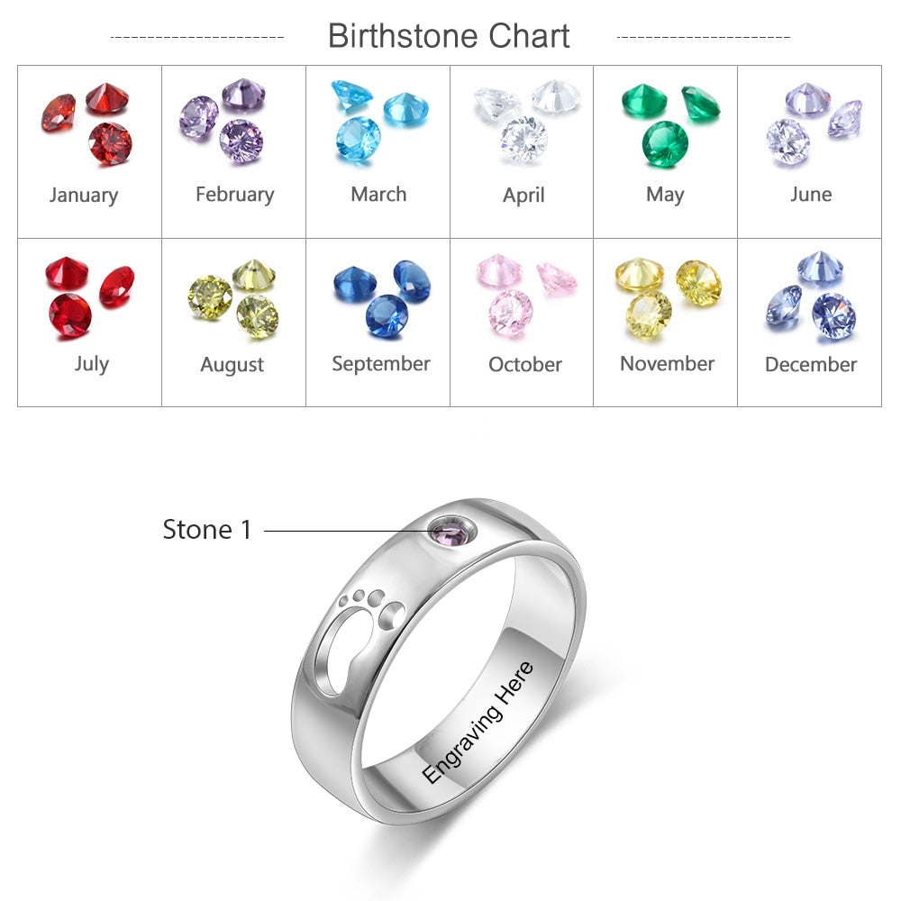 Baby Feet Ring with Birthstone and inner engraving-Gift for New Mom