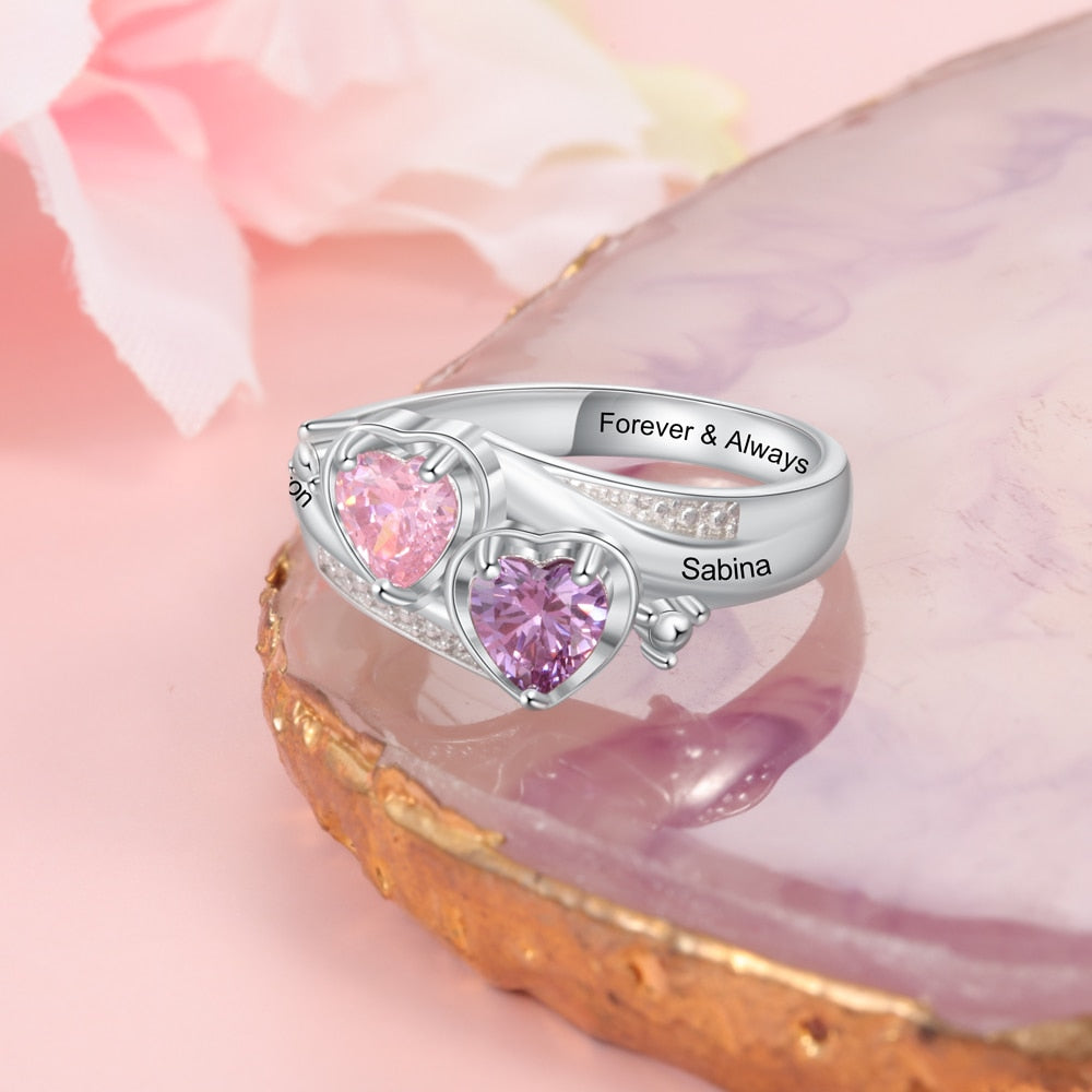 Personalized two Name Engraved  Rings with birthstones