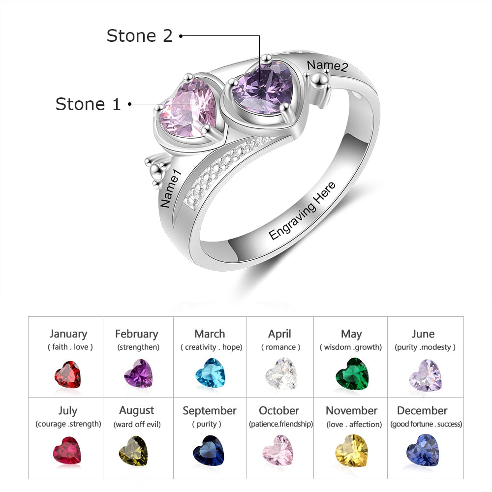 Personalized two Name Engraved  Rings with birthstones