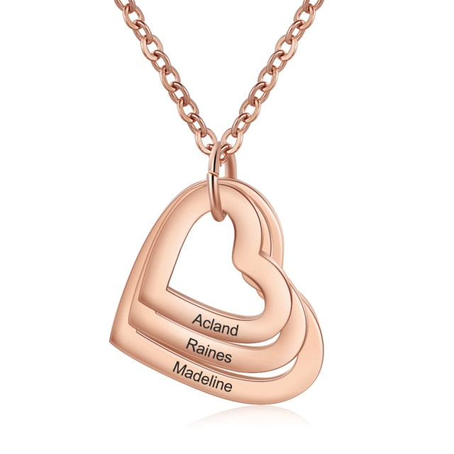 Personalized Engraving 3 Names Heart Pendant Necklace