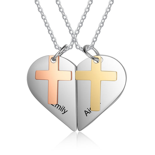 couple heart necklace with cross