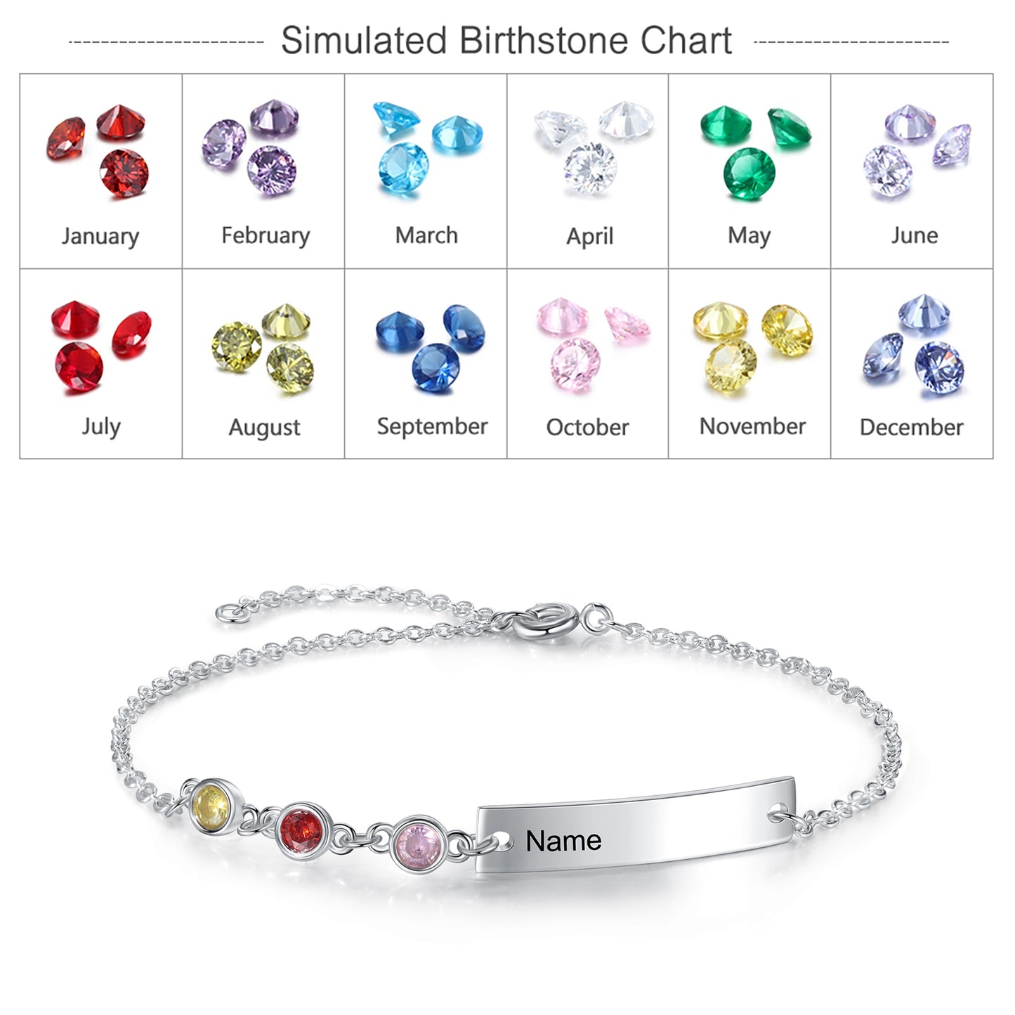 Personalized Name Bar Bracelets with 3 Birthstones